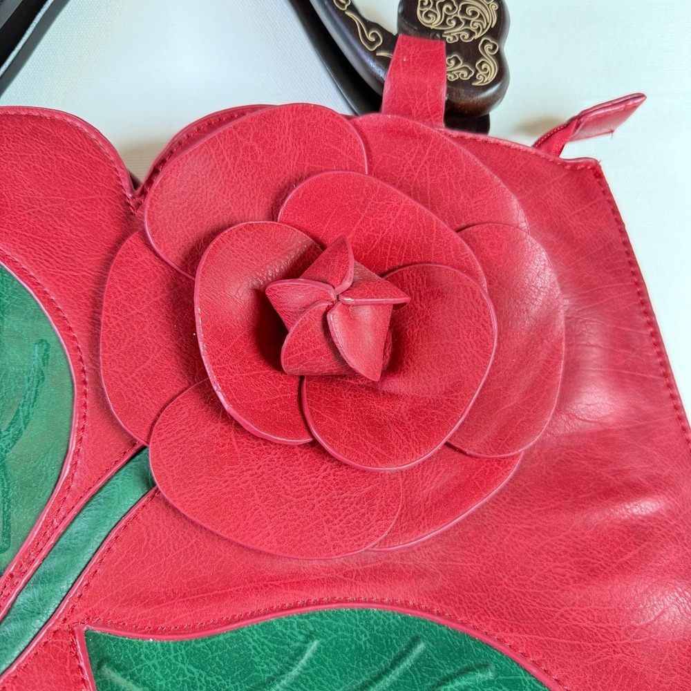 Red 3D Rose Flower Applique Faux Leather Satchel Handbag Medium - Picture 4 of 6